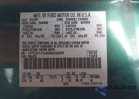 1999 Ford F-150 Work Series/Xl/Xlt from USA, damaged, VIN 1FTZF1724XKB42059